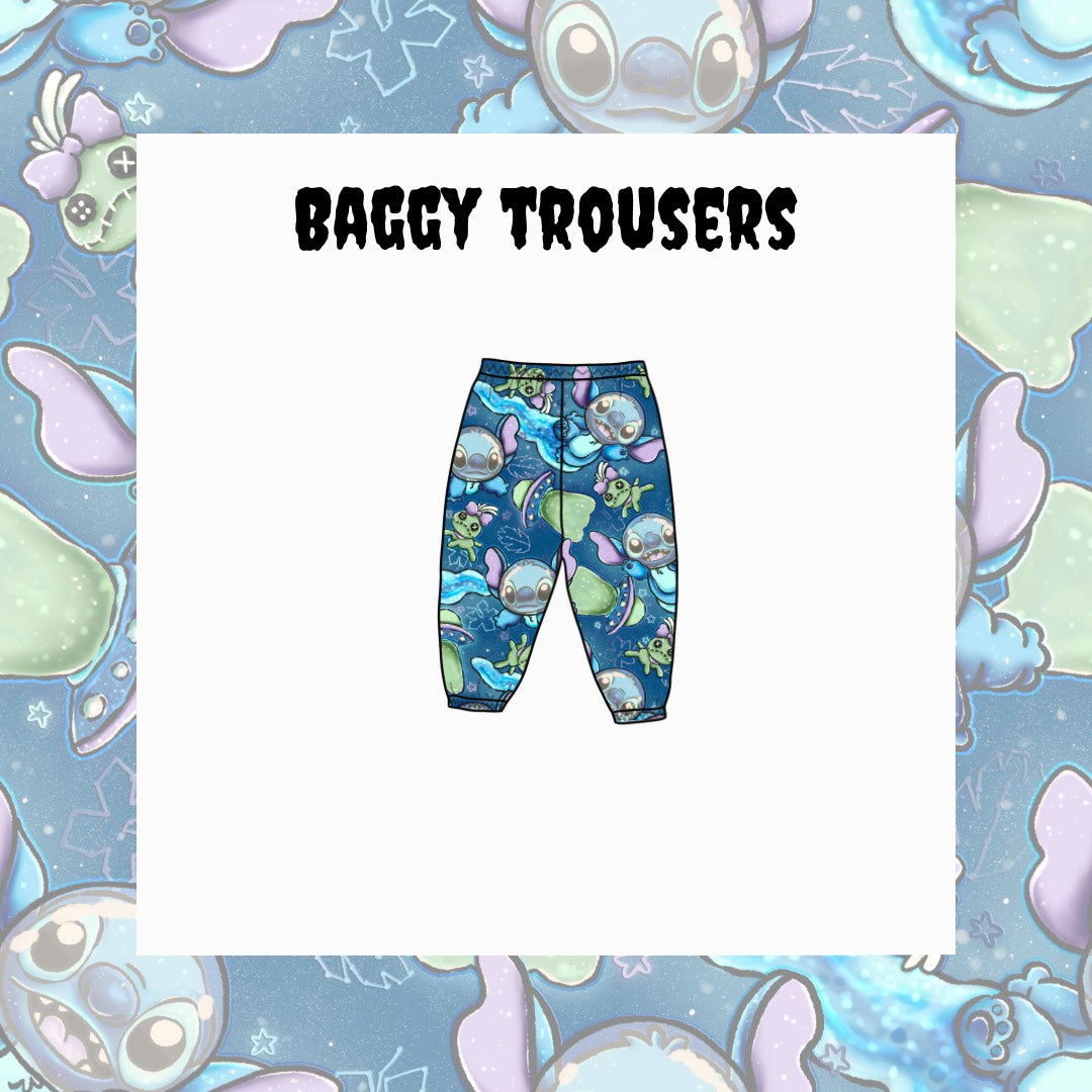 Baggy trousers with a cartoon character pattern on a blue background with cartoon characters.
