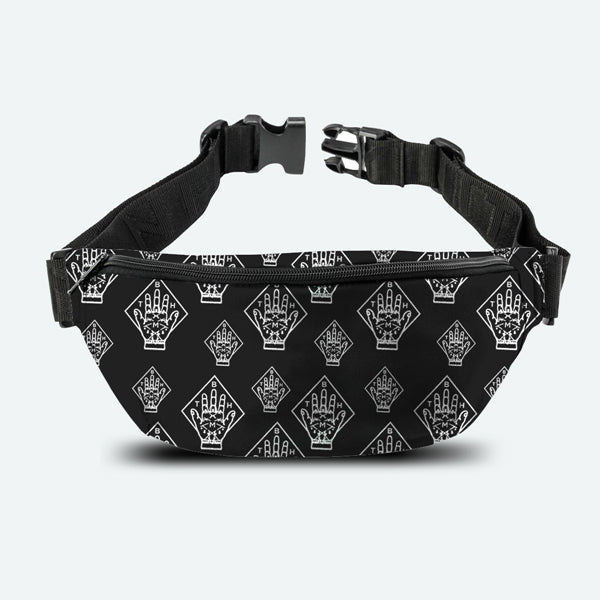 A black bum bag featuring a white graphic pattern with the Bring Me the Horizon band logo and a crown emblem.