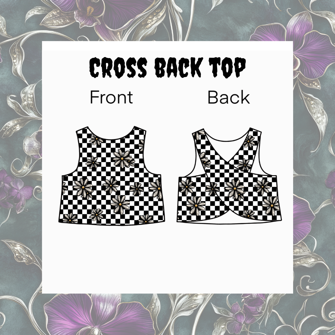 Checkered cross back top design on a decorative floral background