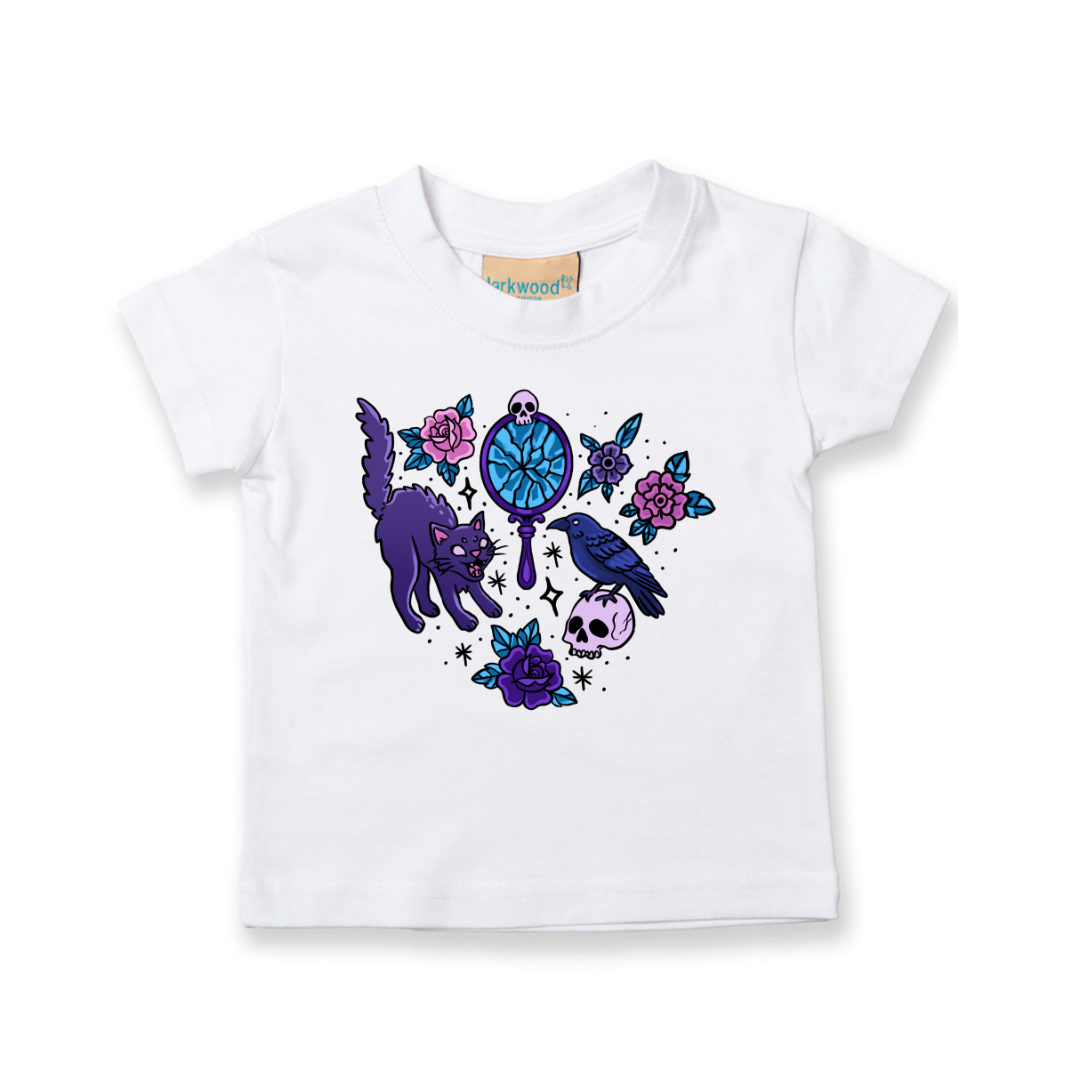 White t-shirt with purple and blue graphic design featuring cats, birds, and flowers on a white background.