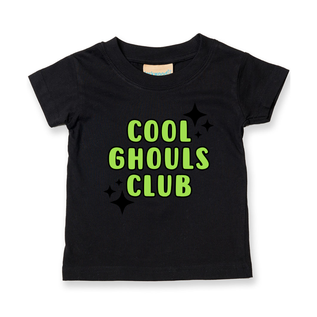 Black t-shirt with 'Cool Ghouls Club' text in green on a white background