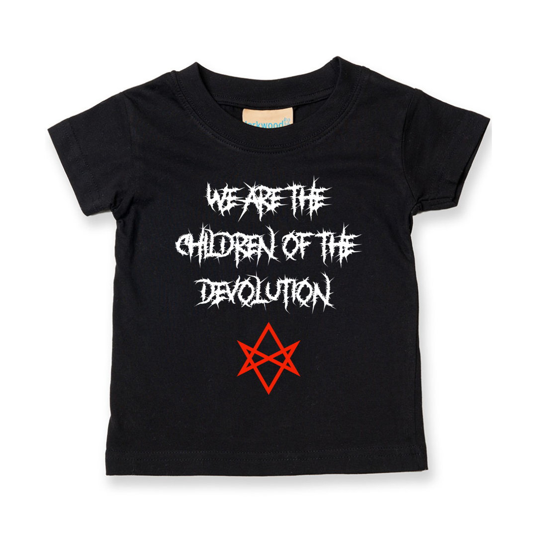 Black t-shirt with white text and red symbol on a white background