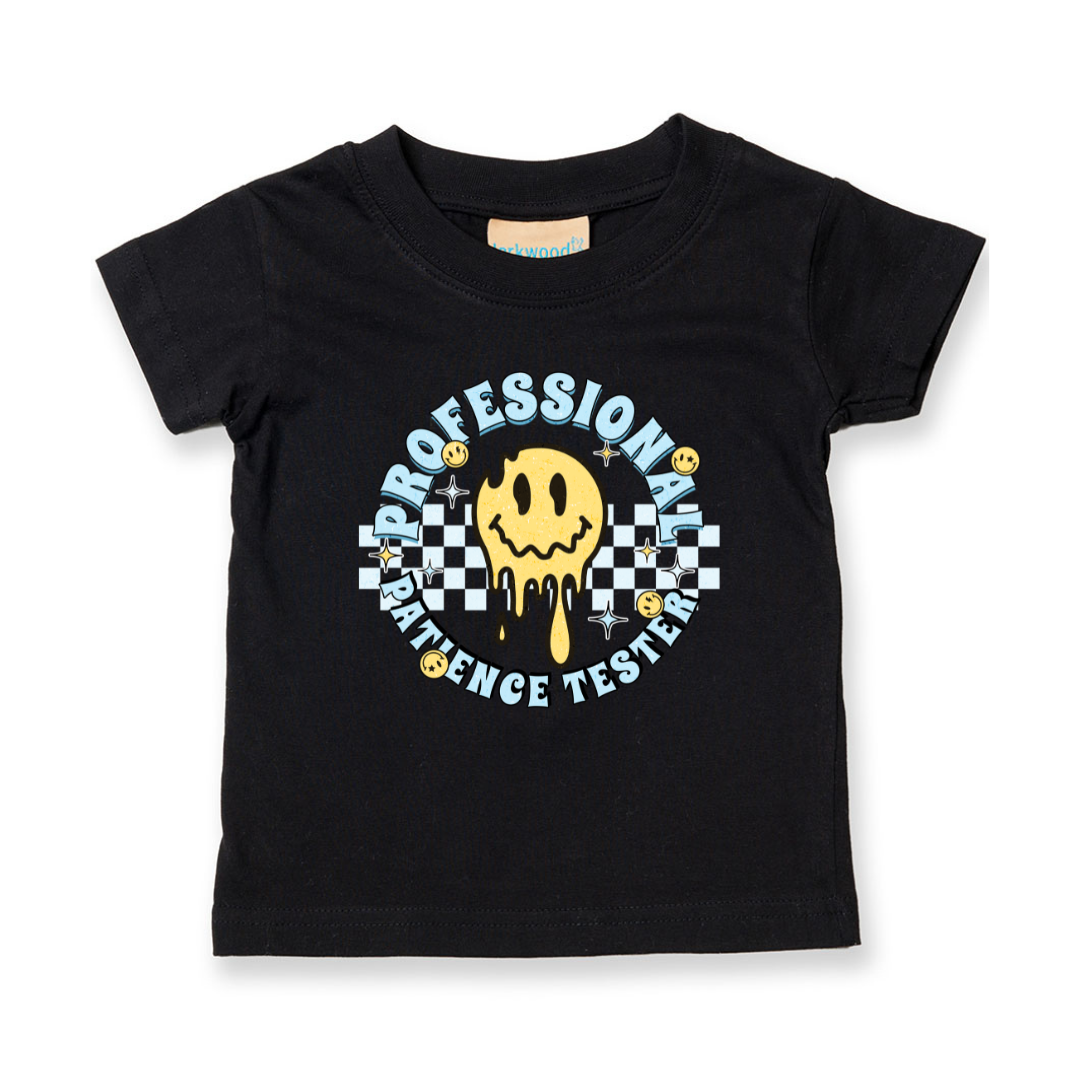Black t-shirt with a graphic design on a white background