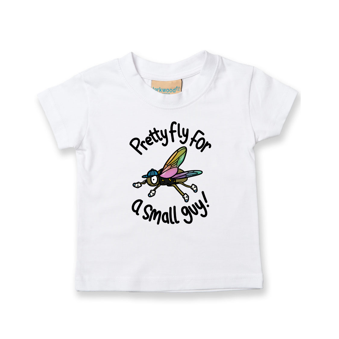 White t-shirt with a colorful fly graphic and text on a white background