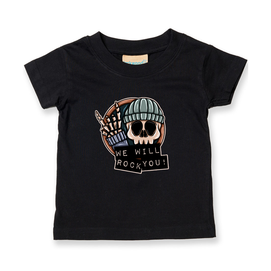 Black t-shirt with a skull and guitar design and 'We Will Rock You!' text on a white background