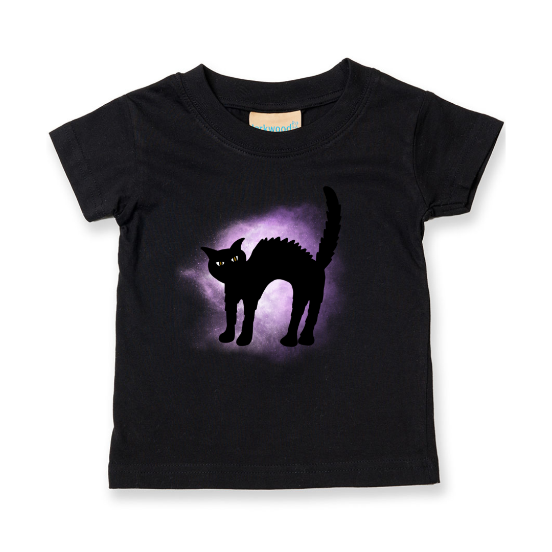 Black t-shirt with a purple silhouette of a cat on a white background