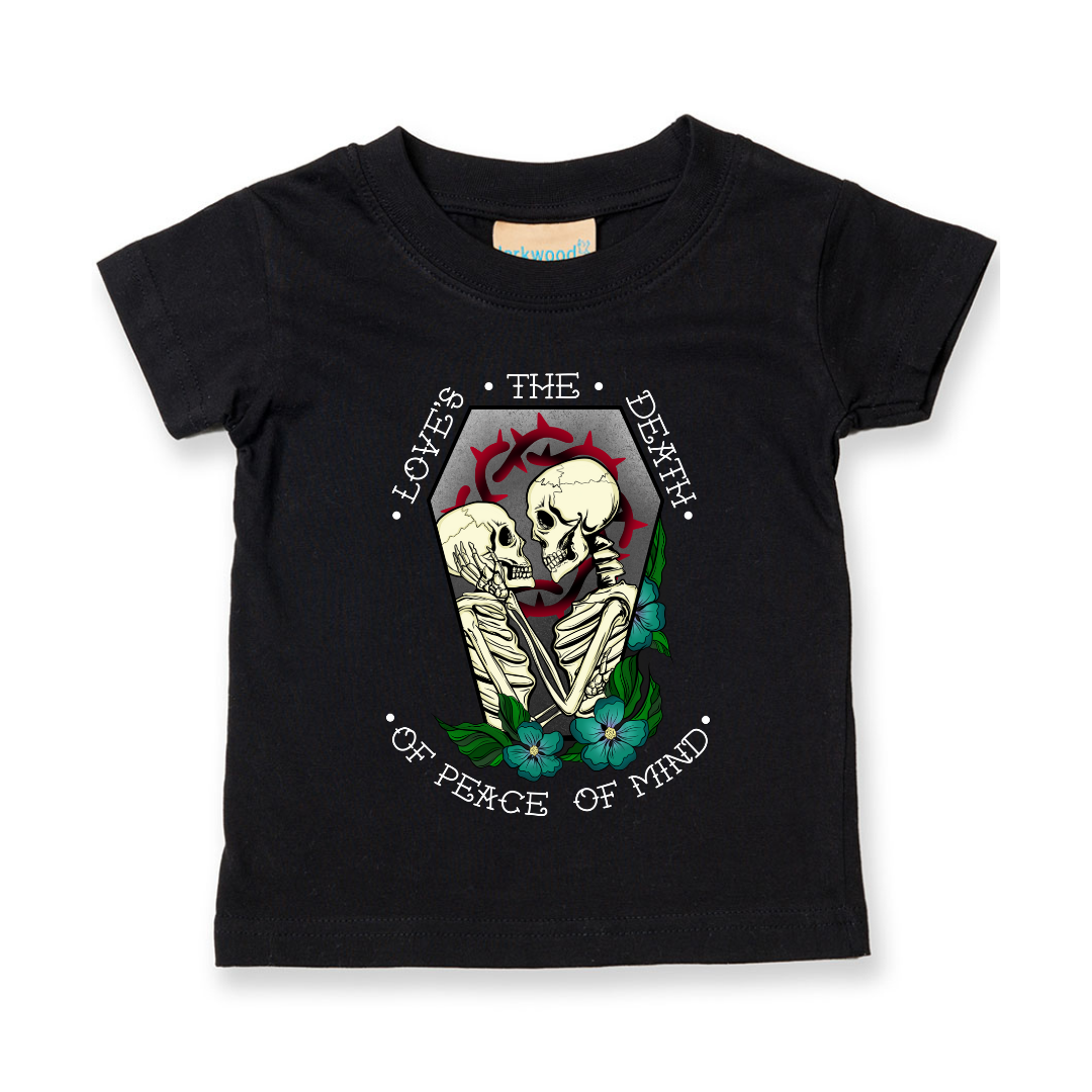 Black t-shirt with skeleton design and text on a white background