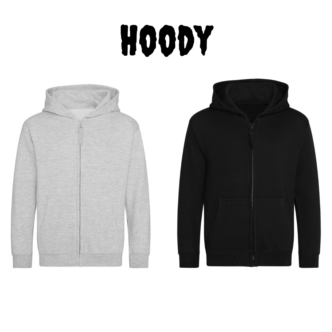 Gray and black hoodies with 'HOODY' text above on a white background
