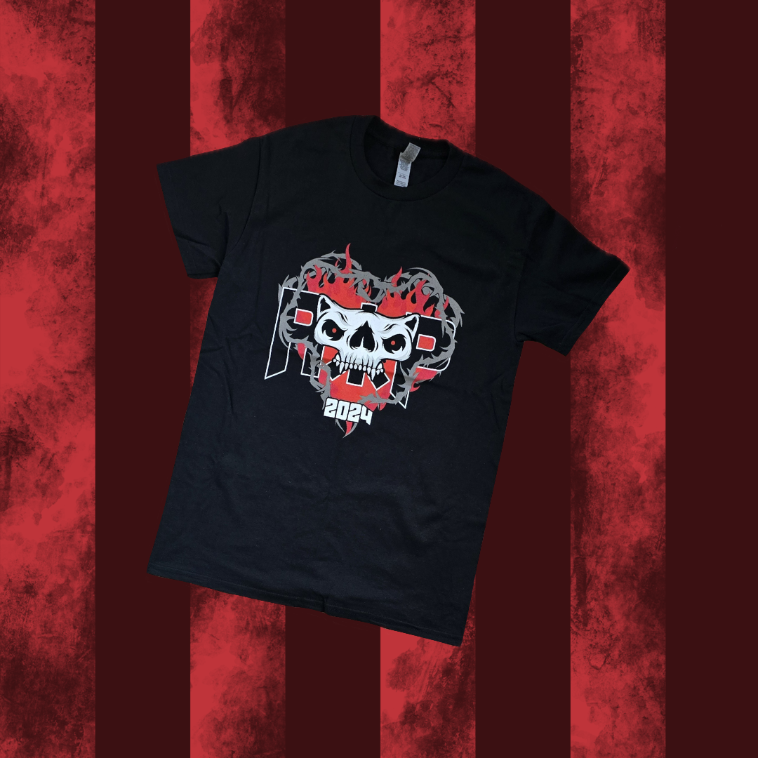 A black crew neck t-shirt with a graphic print of a skull and the text '2024' on the front, displayed against a red striped background.