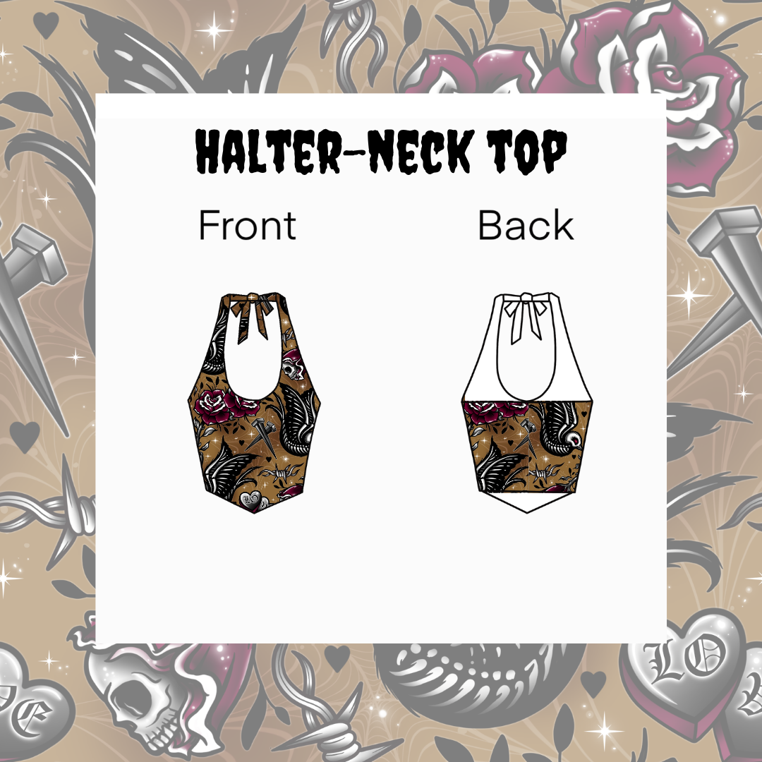 A product diagram showing a halter-neck top with front and back views. The top features a brown, black, and red tattoo-style floral pattern.