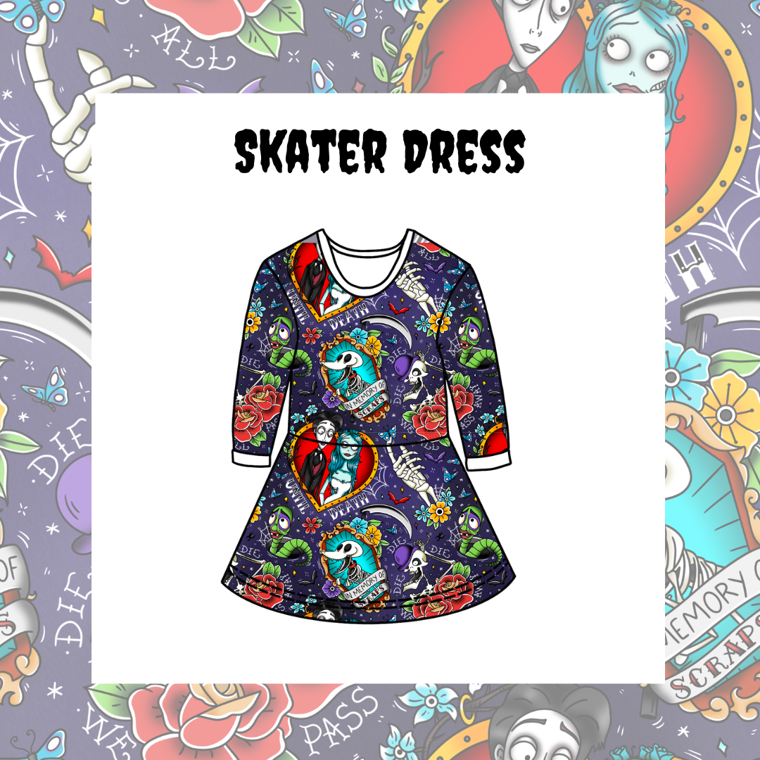 Skater dress with colorful design on a decorative background