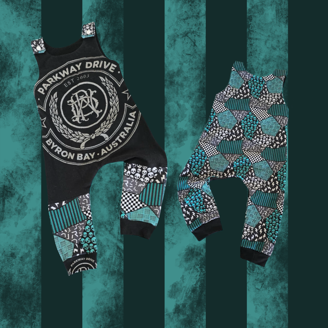 A PARKWAY DRIVE romper with band merchandise design, including a t-shirt and pants with geometric and band-related graphics.