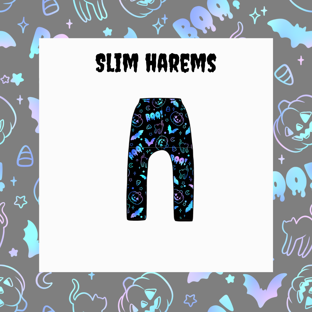 Slim harem pants with a colorful pattern on a gray background with cartoon designs.