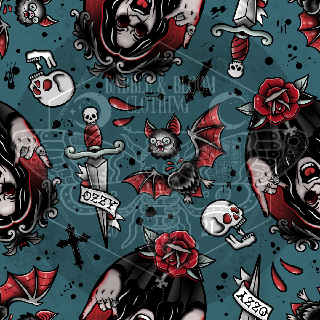 A repeating tattoo-style print featuring red roses, skulls, bats, crossed knives, and black-and-red illustrated faces on a teal.