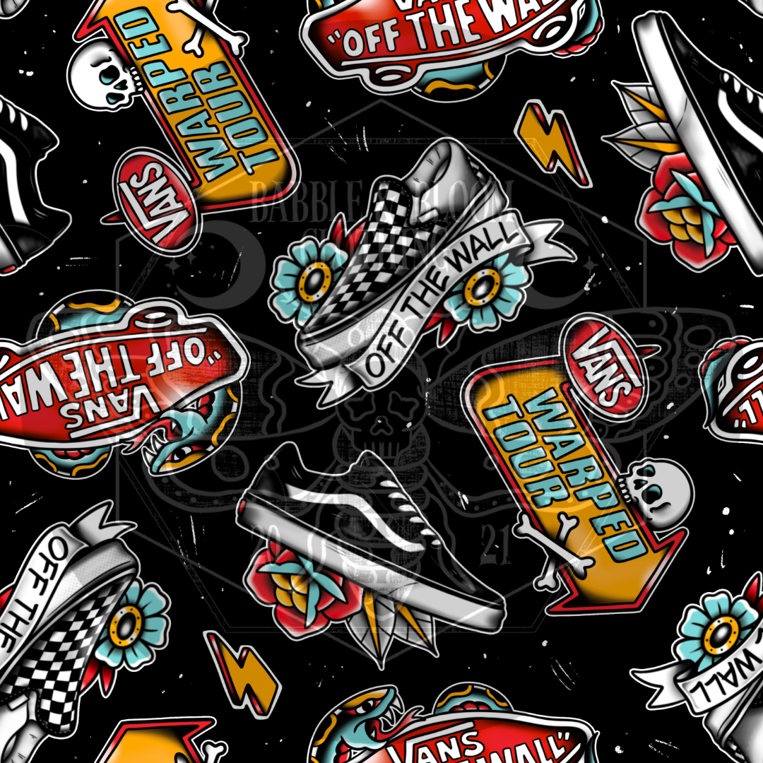 A repeating seamless pattern featuring classic Vans 'Off The Wall' tour graphics, including sneakers, banners, skulls, and lightning bolts on a black background.