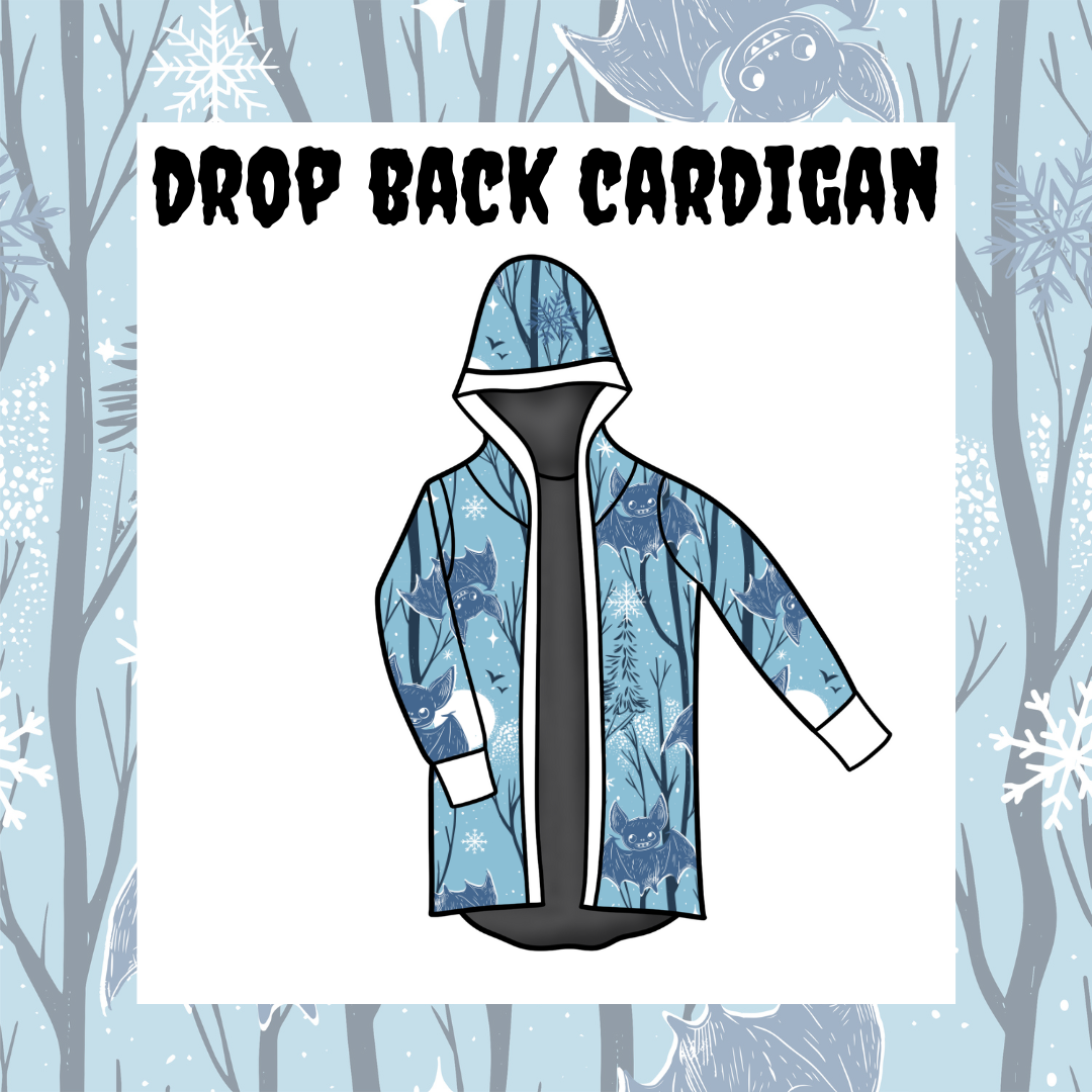 Illustration of a blue and white floral drop-back cardigan with long sleeves and a hood, displayed against a wintry backdrop with snowflakes.