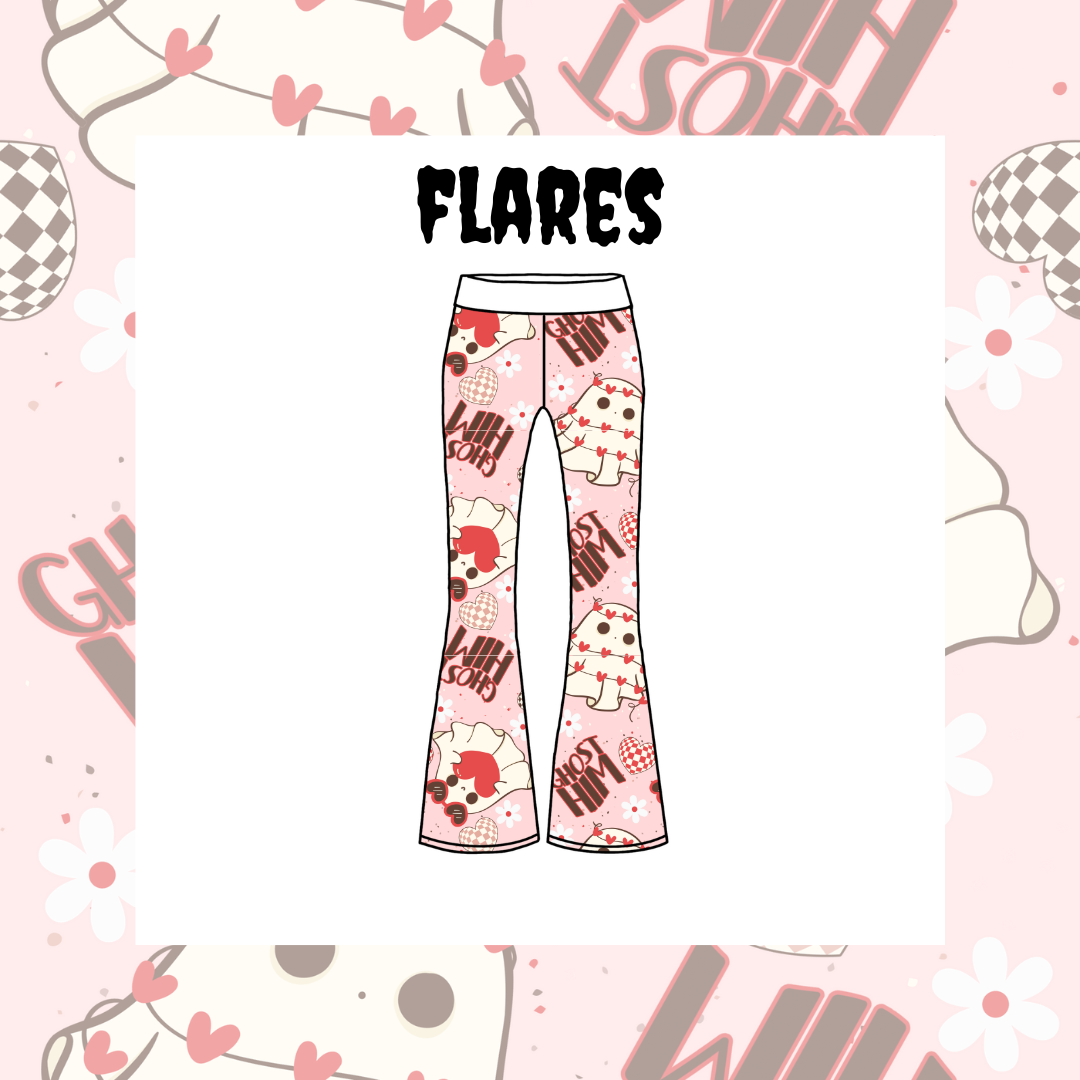 Illustration of flared pants with a geometric pattern, including hearts and other shapes, on a pink background with decorative elements.