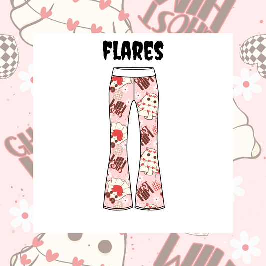 Illustration of flared pants with a geometric pattern, including hearts and other shapes, on a pink background with decorative elements.