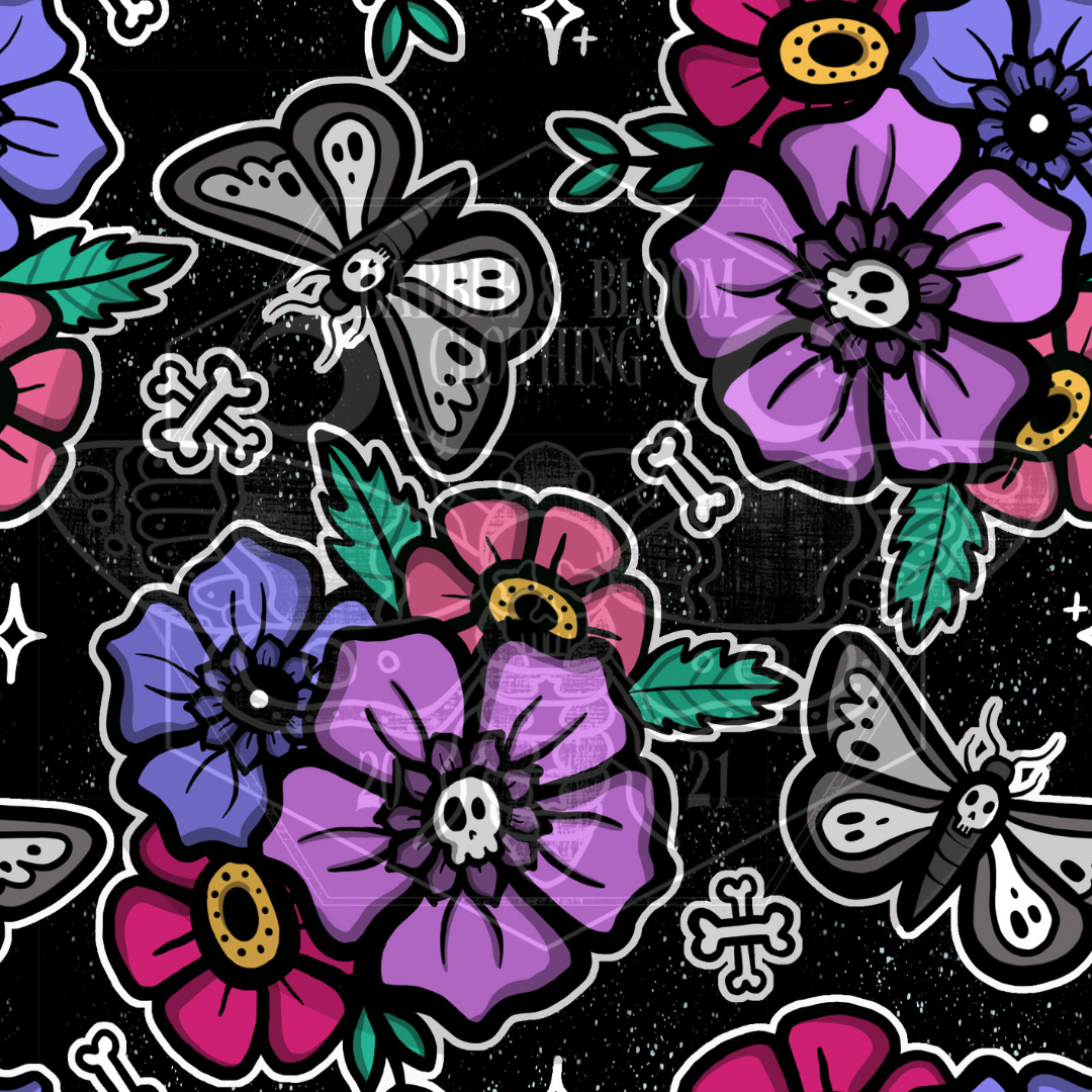 Alternative tattoo style flowers repeating pattern. Greyscale butterflies and bones.