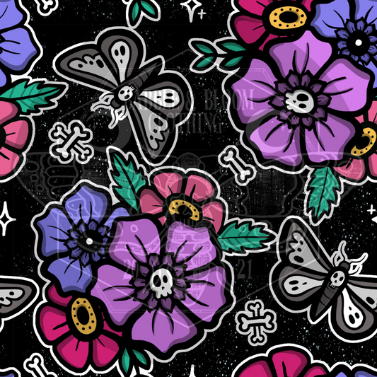 Alternative tattoo style flowers repeating pattern. Greyscale butterflies and bones.