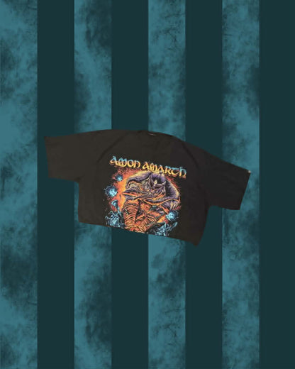 An upcycled T-shirt for the band Amon Amarth, featuring the 'Into the Void' album artwork on the front.