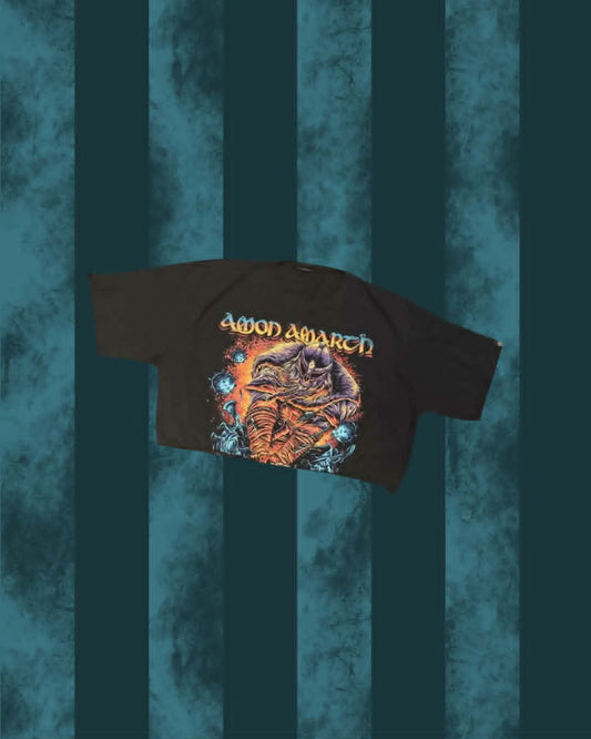 An upcycled T-shirt for the band Amon Amarth, featuring the 'Into the Void' album artwork on the front.