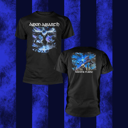 Two black t-shirts with 'Amon Amarth' band graphics on them, displayed against a blue textured background.