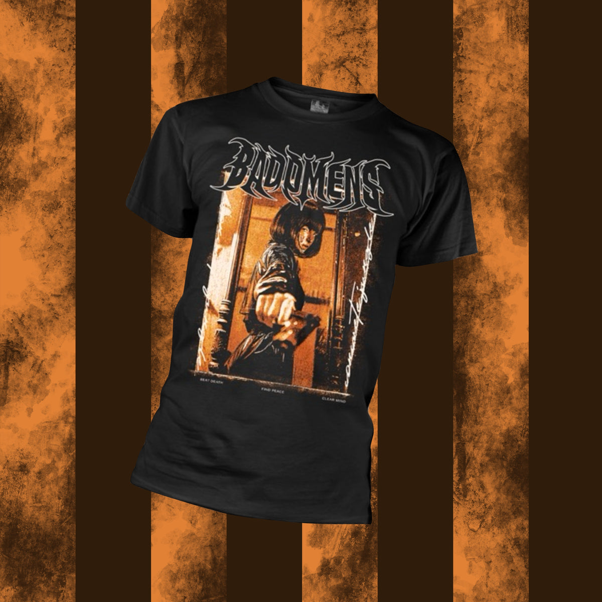 Black t-shirt with a graphic print of a band member in a dark setting, with the band's name 'BAD OMENS' prominently displayed.