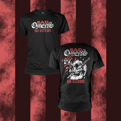Black BAD OMENS BAD DECISIONS t-shirt with graphic design and text on a red and brown striped background