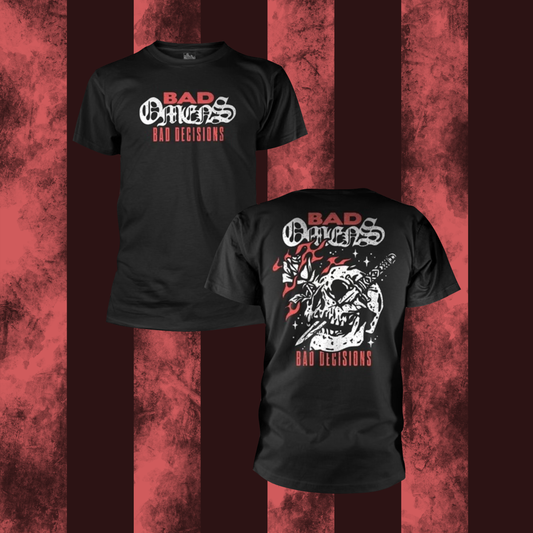 Black BAD OMENS BAD DECISIONS t-shirt with graphic design and text on a red and brown striped background