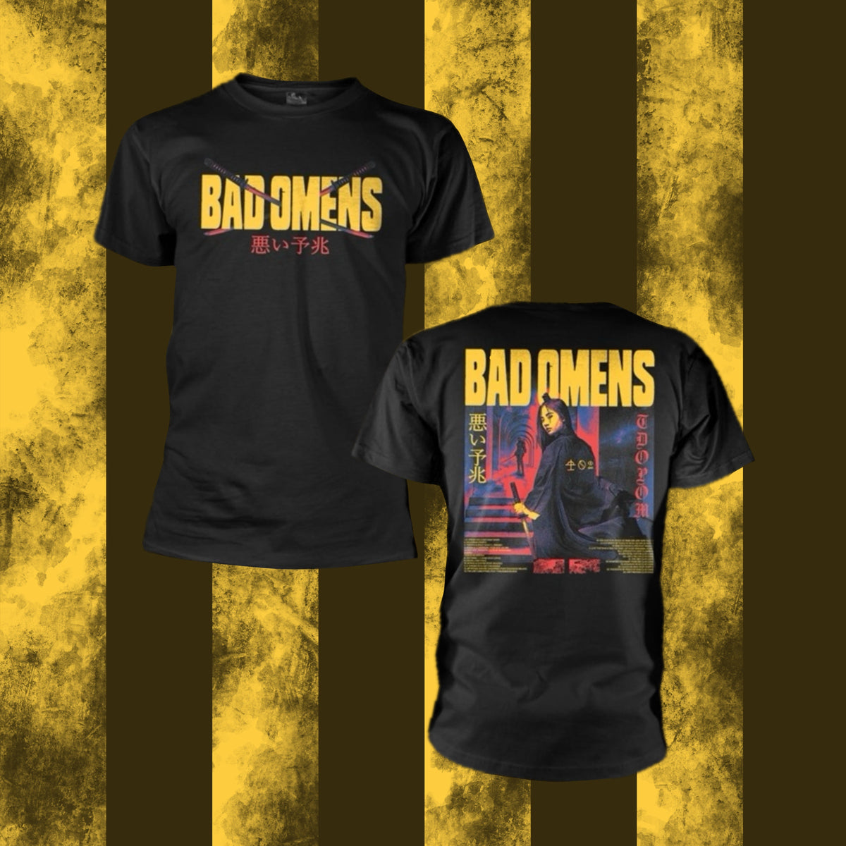 Black t-shirt with 'BAD OMENS' text and an image of a person on the back, against a striped yellow and black background