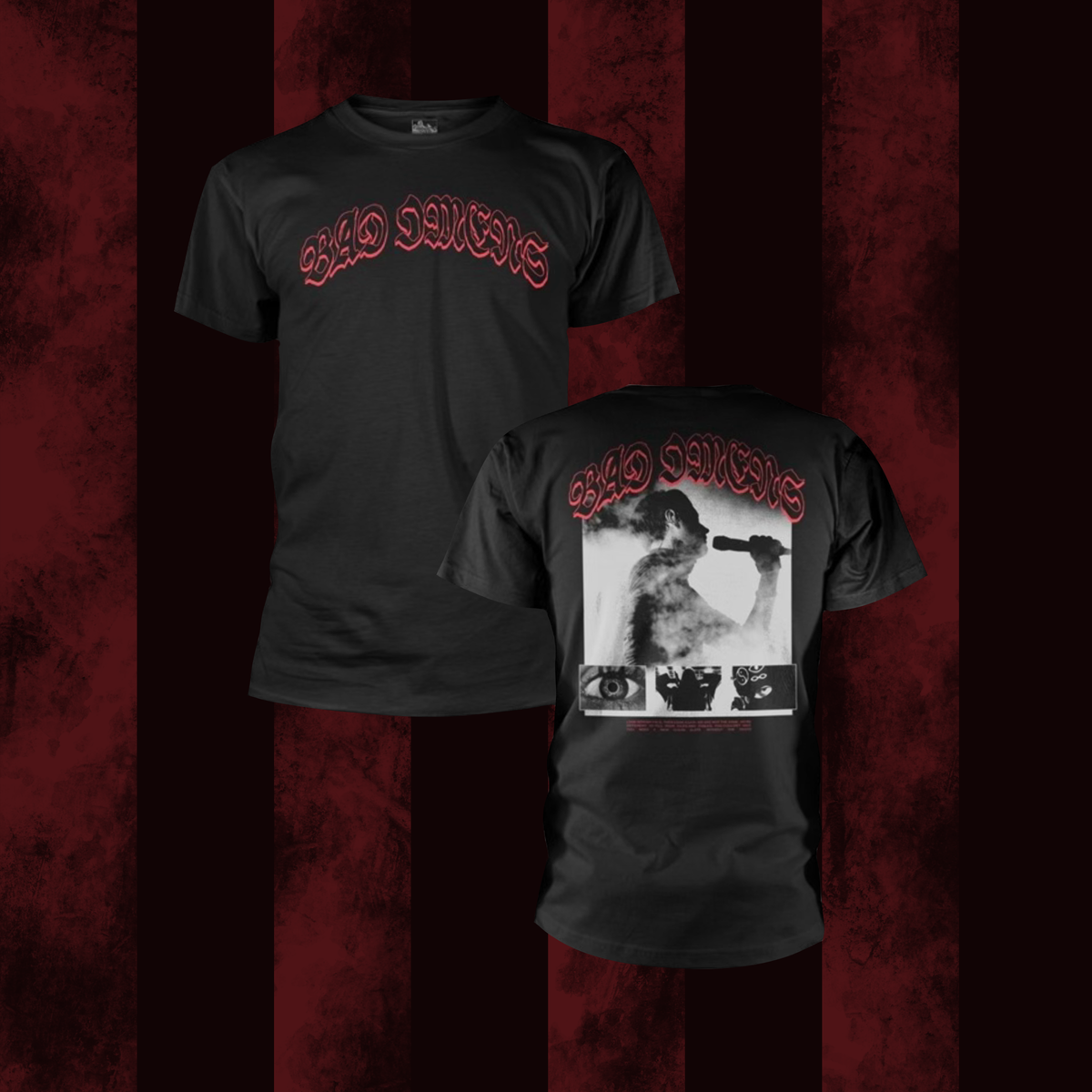 Black BAD OMENS t-shirt with red text on front and back against a red textured background