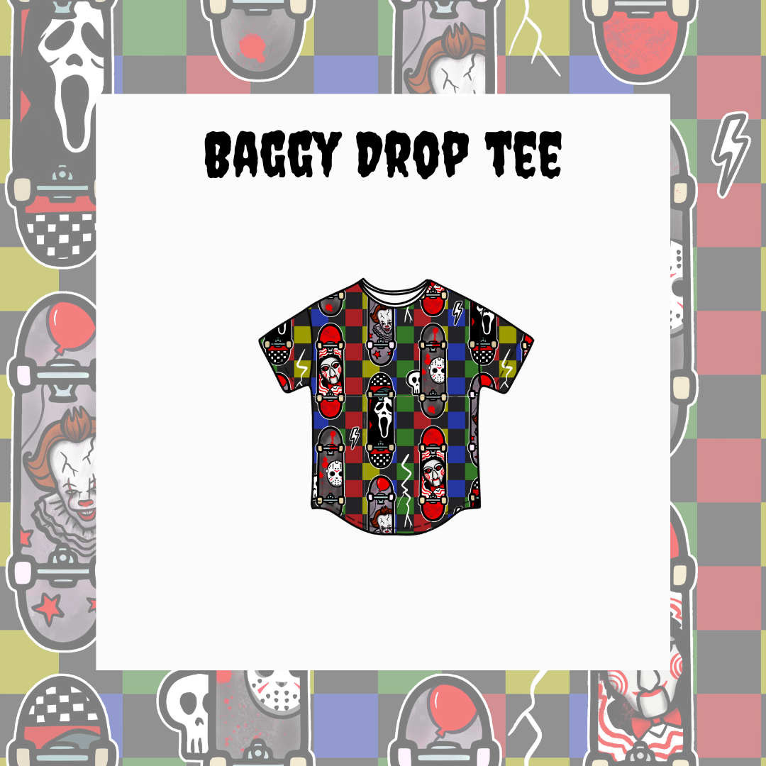 Colorful graphic t-shirt design with 'Baggy Drop Tee' text on a patterned background.