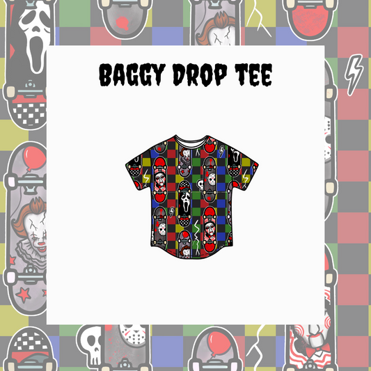 Colorful graphic t-shirt design with 'Baggy Drop Tee' text on a patterned background.