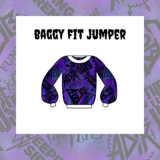 A baggy fit jumper with a multicolored pattern, displayed against a purple background with text and graphics related to the product.