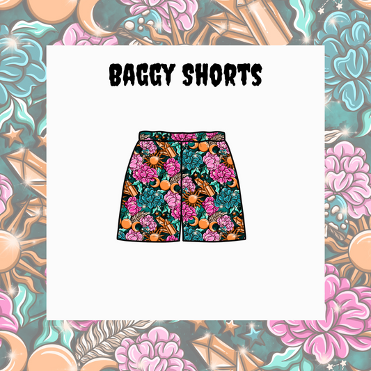 Illustration of baggy shorts with a multicolored floral pattern on a white background, surrounded by a decorative border with similar floral elements.