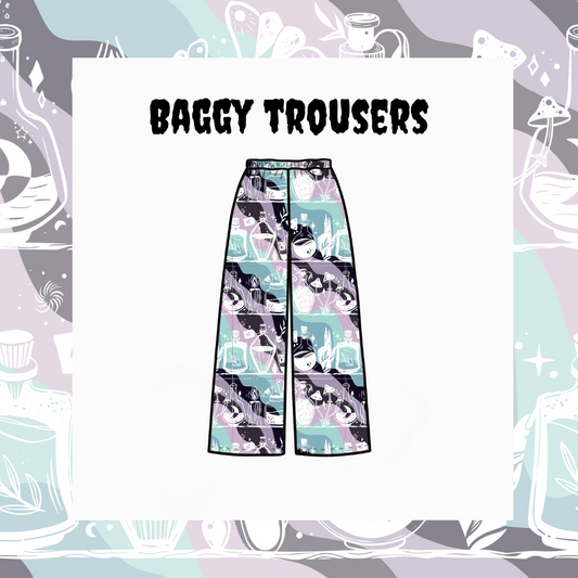 Illustration of baggy trousers with a multicolored animal pattern, displayed against a background with various illustrations.