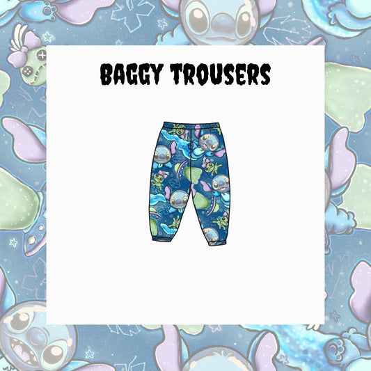 Baggy trousers with a cartoon character pattern on a blue background with cartoon characters.