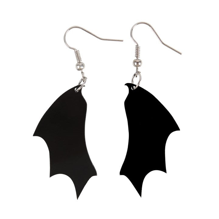 A pair of black acrylic bat wing earrings with silver hooks.