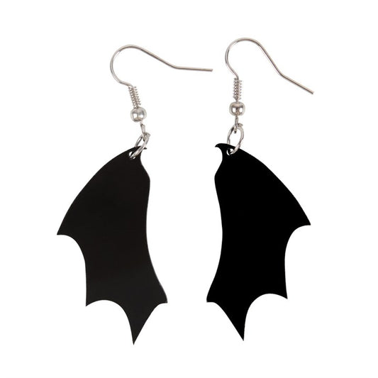 A pair of black acrylic bat wing earrings with silver hooks.
