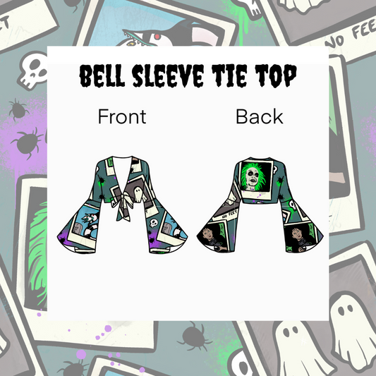 Bell sleeve tie top design with front and back views on a colorful background.