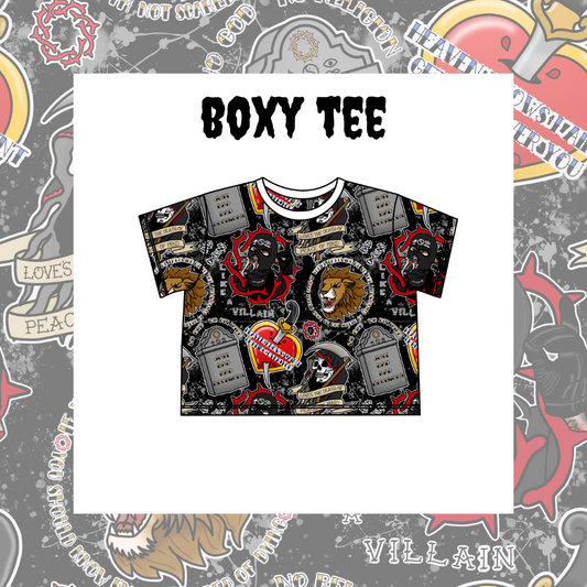 T-shirt with graphic design and 'Boxy Tee' text on a patterned background