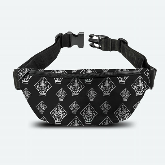 A black bum bag featuring a white graphic pattern with the Bring Me the Horizon band logo and a crown emblem.