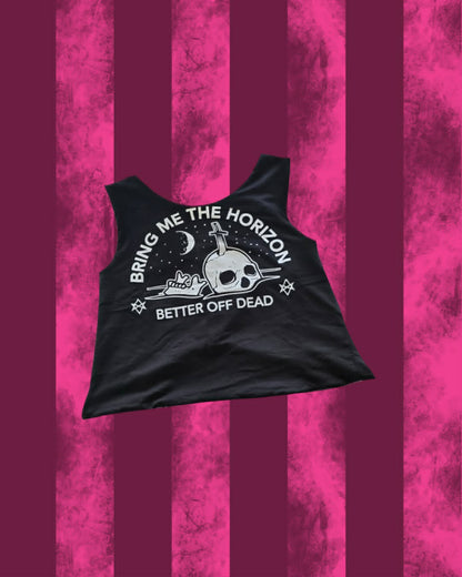 A sleeveless black cross back 'Bring Me the Horizon' top with a white and black patterned lining