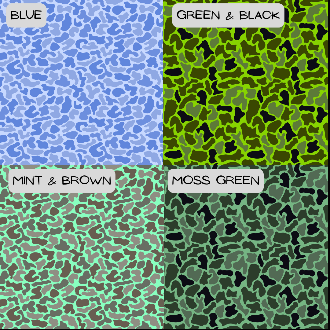 Four camouflage patterns labeled Blue, Green & Black, Mint & Brown, and Moss Green.