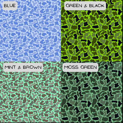 Four camouflage patterns labeled Blue, Green & Black, Mint & Brown, and Moss Green.