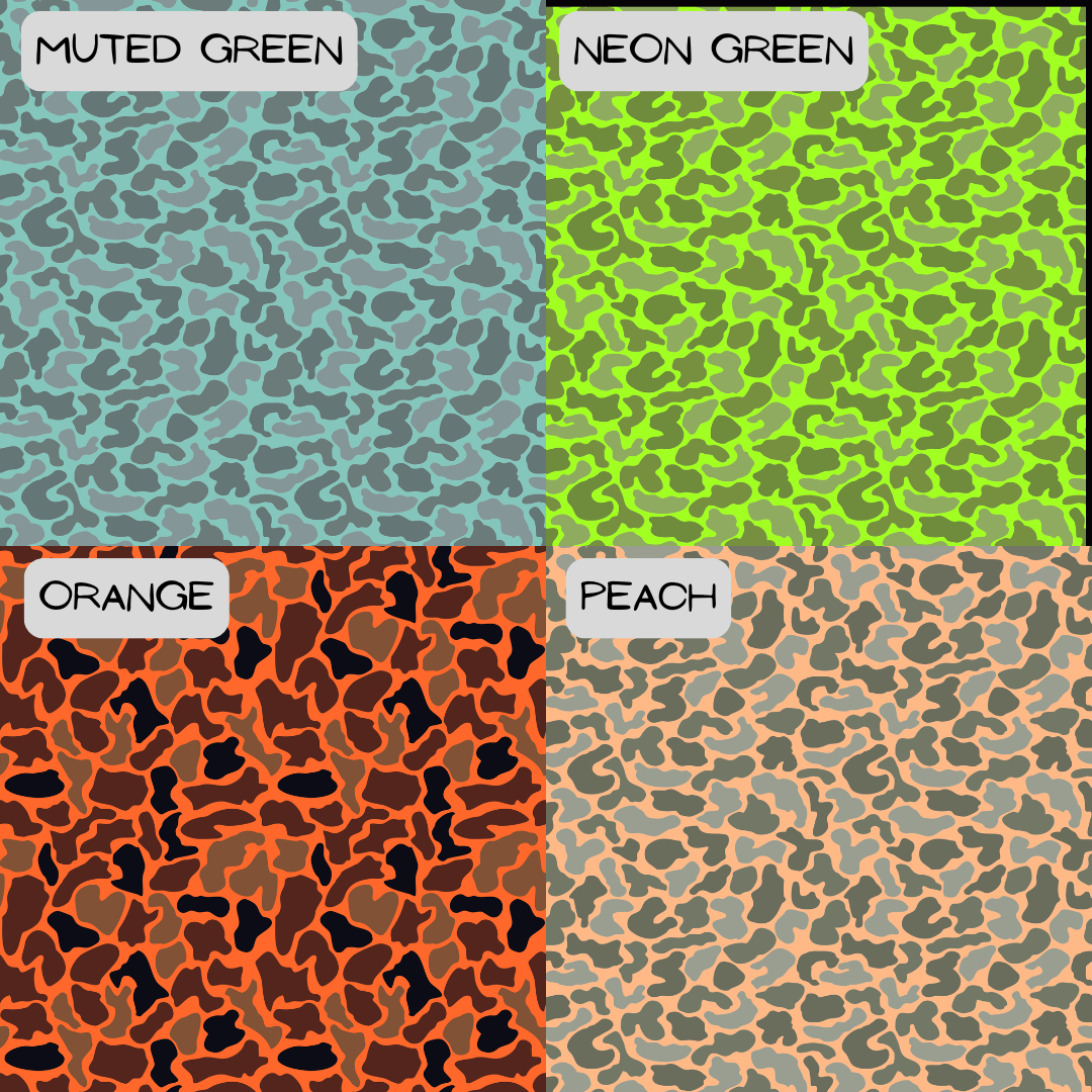 Four camouflage patterns labeled 'Muted Green', 'Neon Green', 'Orange', and 'Peach' on a checkered background.
