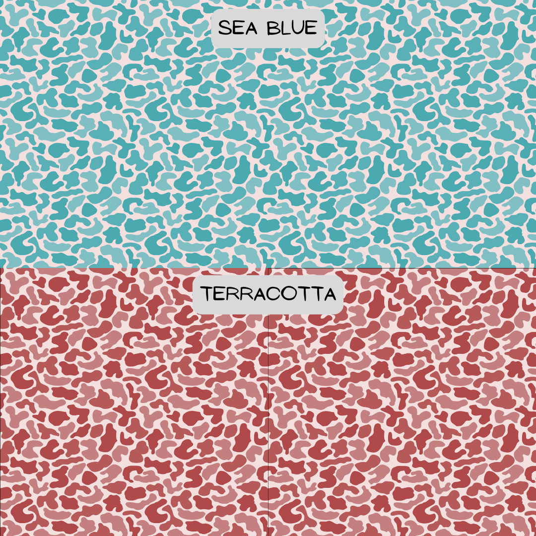 Two patterned sections labeled 'Sea Blue' and 'Terracotta' on a textured background.