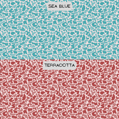 Two patterned sections labeled 'Sea Blue' and 'Terracotta' on a textured background.
