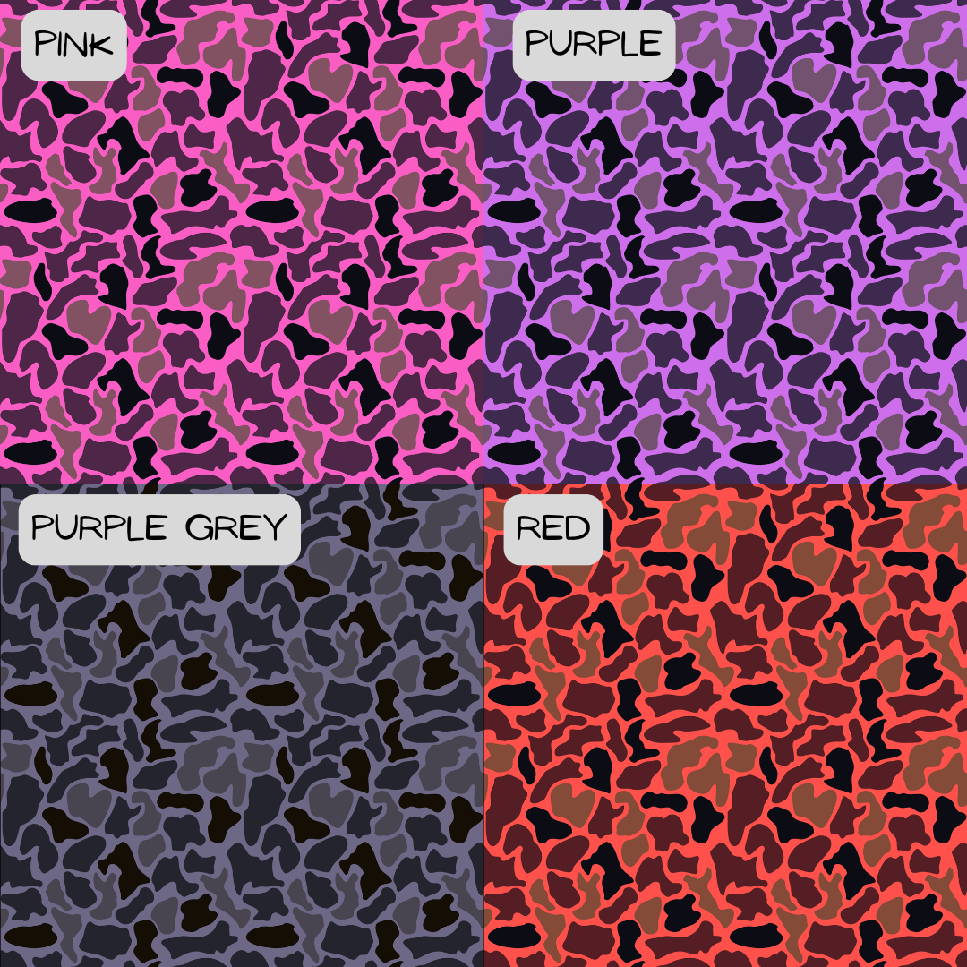 Four color swatches labeled Pink, Purple, Purple Grey, and Red with a patterned design.